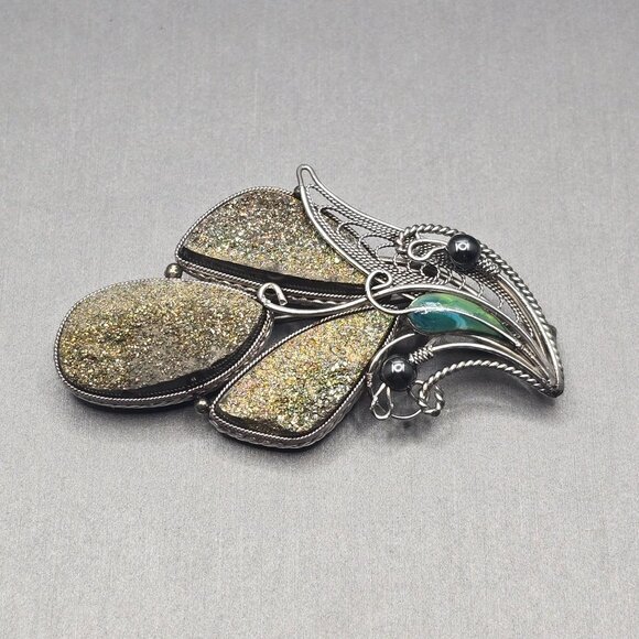 VTG Goldstone Leaf Brooch Pendant 2.25" Silver Tone Green Glass Hematite Accents - Picture 2 of 11